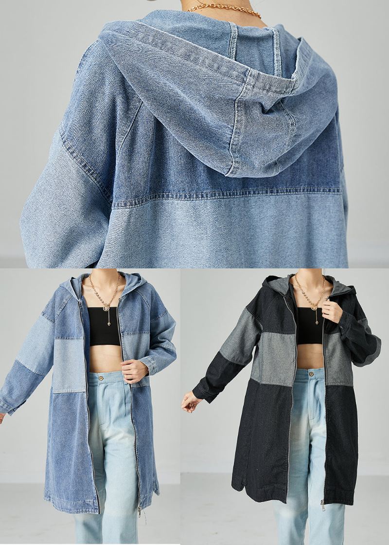 Manteau En Denim De Coton Surdimensionné Bleu Clair Bohème Patchwork Printemps - Trenchs femmes