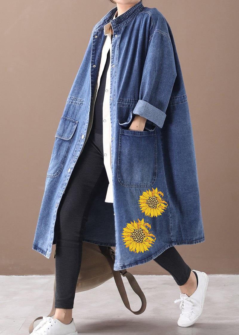 Manteau En Denim Français Bleu-tournesol Grande Taille Col Montant Avec Cordon De Serrage