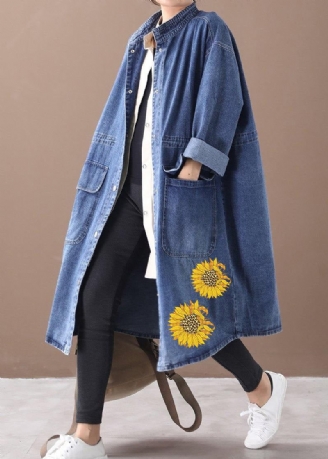 Manteau En Denim Français Bleu-tournesol Grande Taille Col Montant Avec Cordon De Serrage