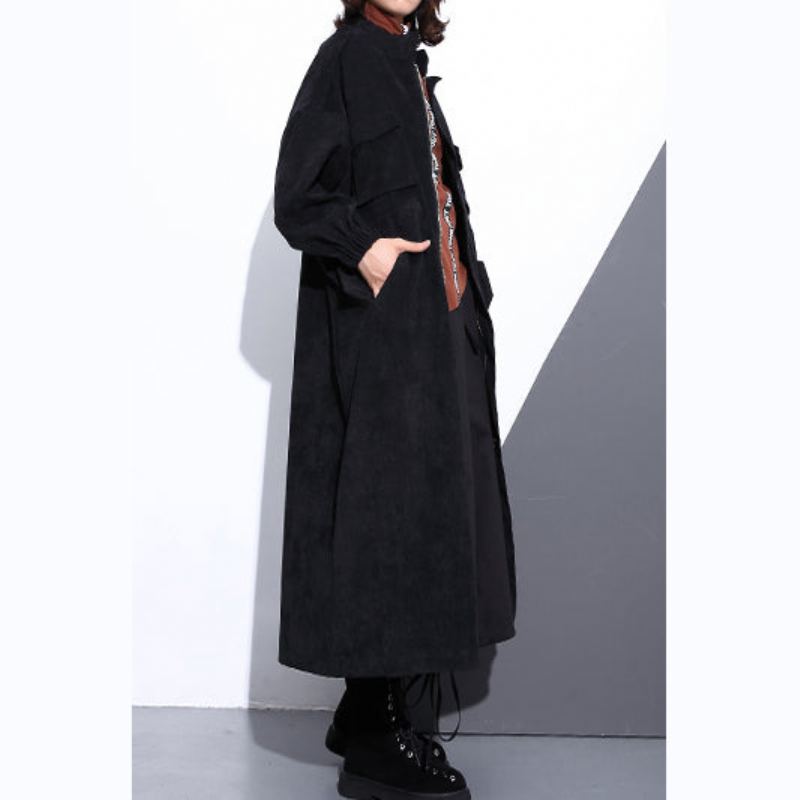 Manteau Élégant En Coton Mélangé Noir Coupe Ample Fermeture Éclair D'hiver Boutique Manches Longues Poches Baggy Maxi - Léopard