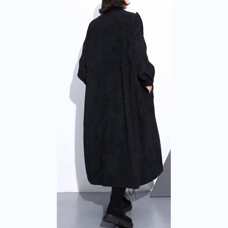 Manteau Élégant En Coton Mélangé Noir Coupe Ample Fermeture Éclair D'hiver Boutique Manches Longues Poches Baggy Maxi - Léopard