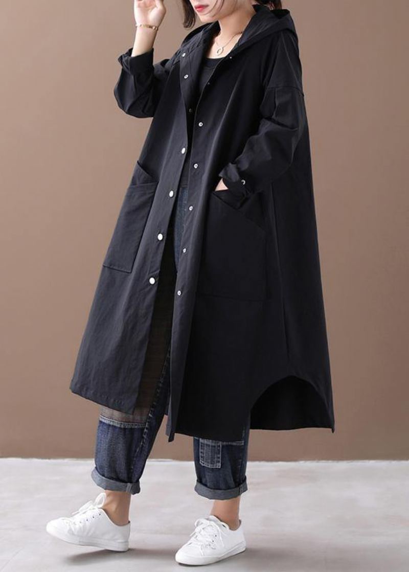 Manteau Élégant Noir À La Mode Inspiration À Capuche Grandes Poches Vêtements D'extérieur