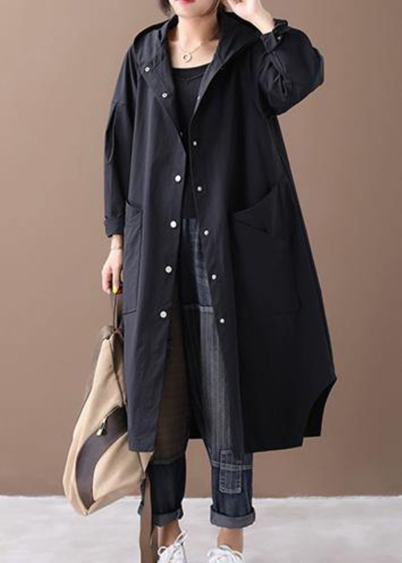 Manteau Élégant Noir À La Mode Inspiration À Capuche Grandes Poches Vêtements D'extérieur - Noir