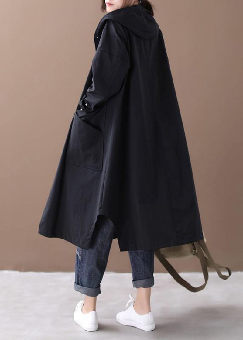 Manteau Élégant Noir À La Mode Inspiration À Capuche Grandes Poches Vêtements D'extérieur - Noir