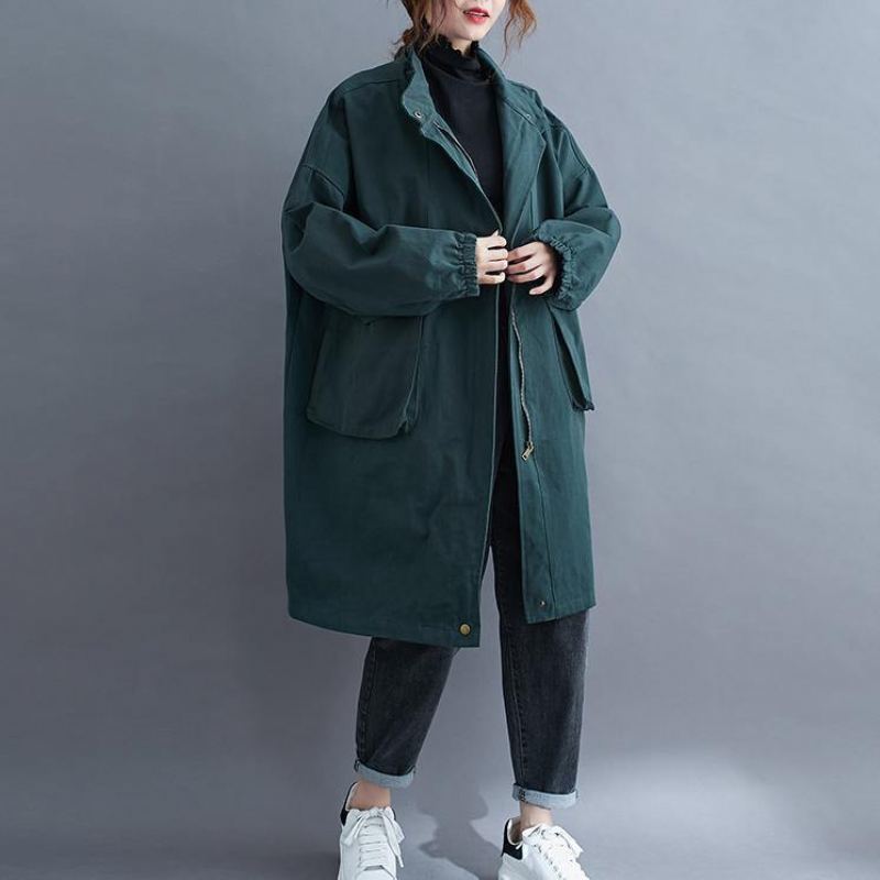 Manteau Femme Col Montant Grandes Poches Grande Taille Maxi Vert Midi