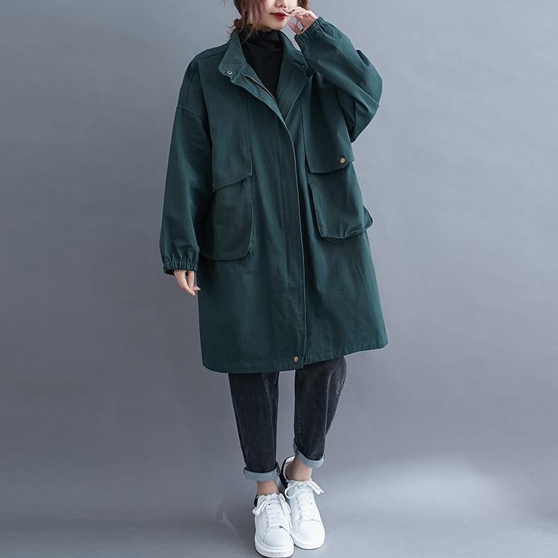 Manteau Femme Col Montant Grandes Poches Grande Taille Maxi Vert Midi - Noir