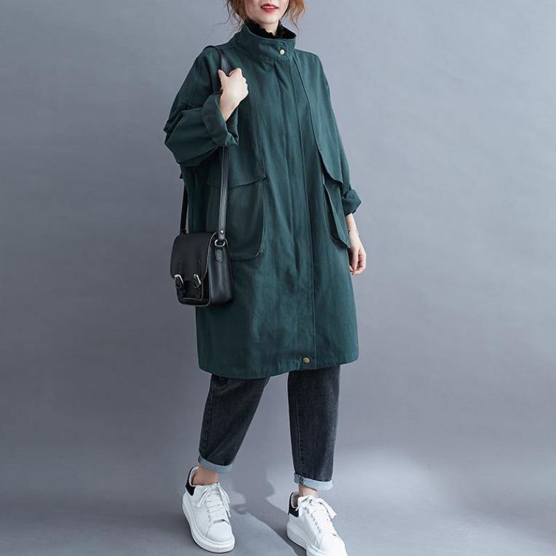 Manteau Femme Col Montant Grandes Poches Grande Taille Maxi Vert Midi - Noir