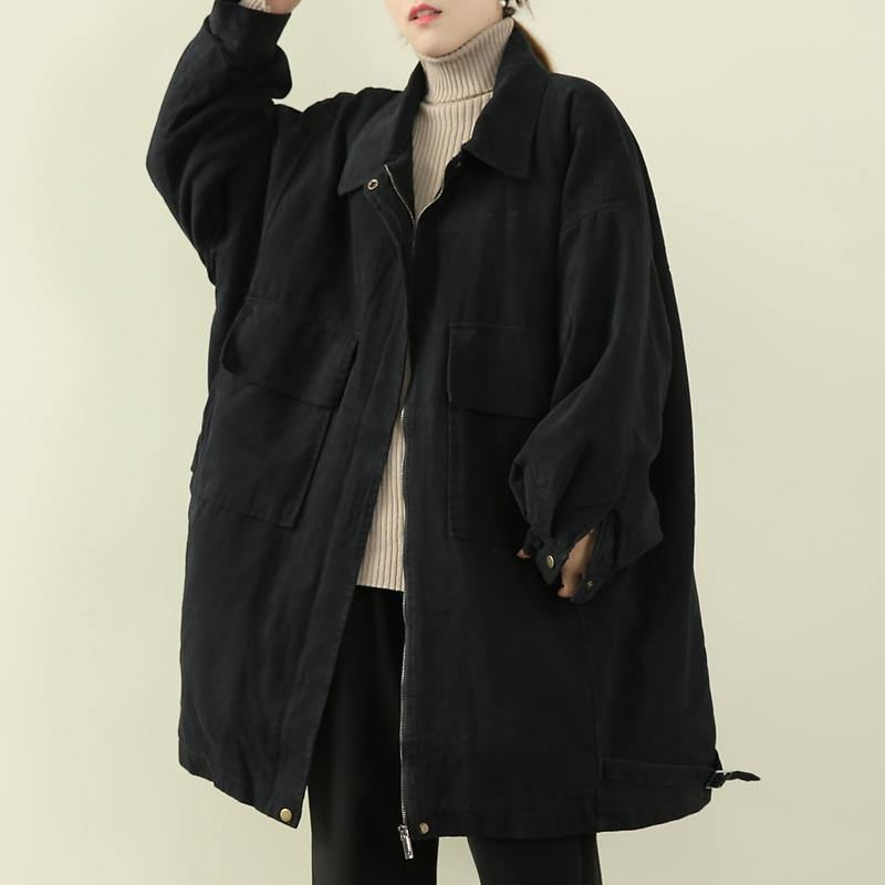 Manteau D'hiver Chaud Et Décontracté Pour Femme À Revers Noir Avec Fermeture Éclair