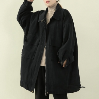 Manteau D'hiver Chaud Et Décontracté Pour Femme À Revers Noir Avec Fermeture Éclair