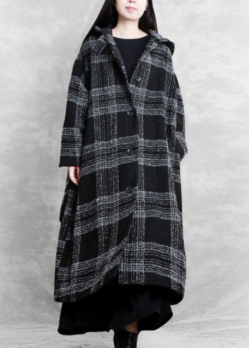 Manteau D'hiver De Grande Taille Vêtements D'extérieur À Carreaux Noirs À Capuche Patchwork Manteaux En Laine - Trenchs femmes