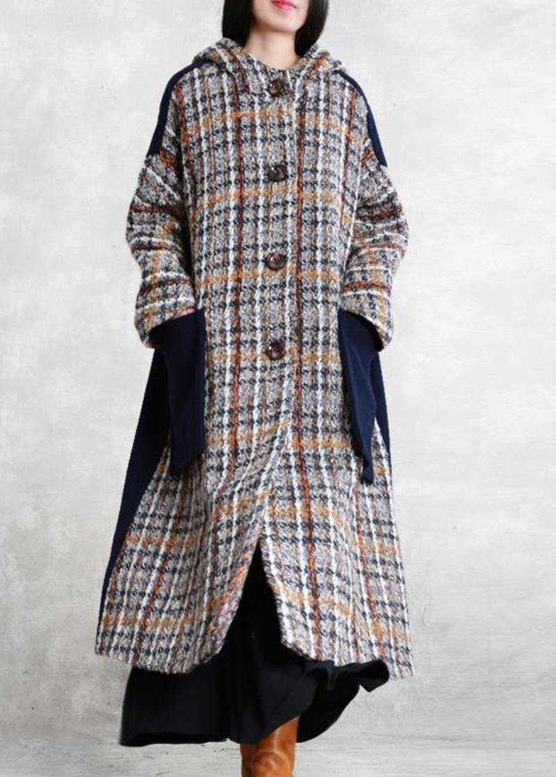 Manteau D'hiver Long Décontracté Boutique Pardessus En Laine À Capuche Patchwork À Carreaux Bleus - Trenchs femmes