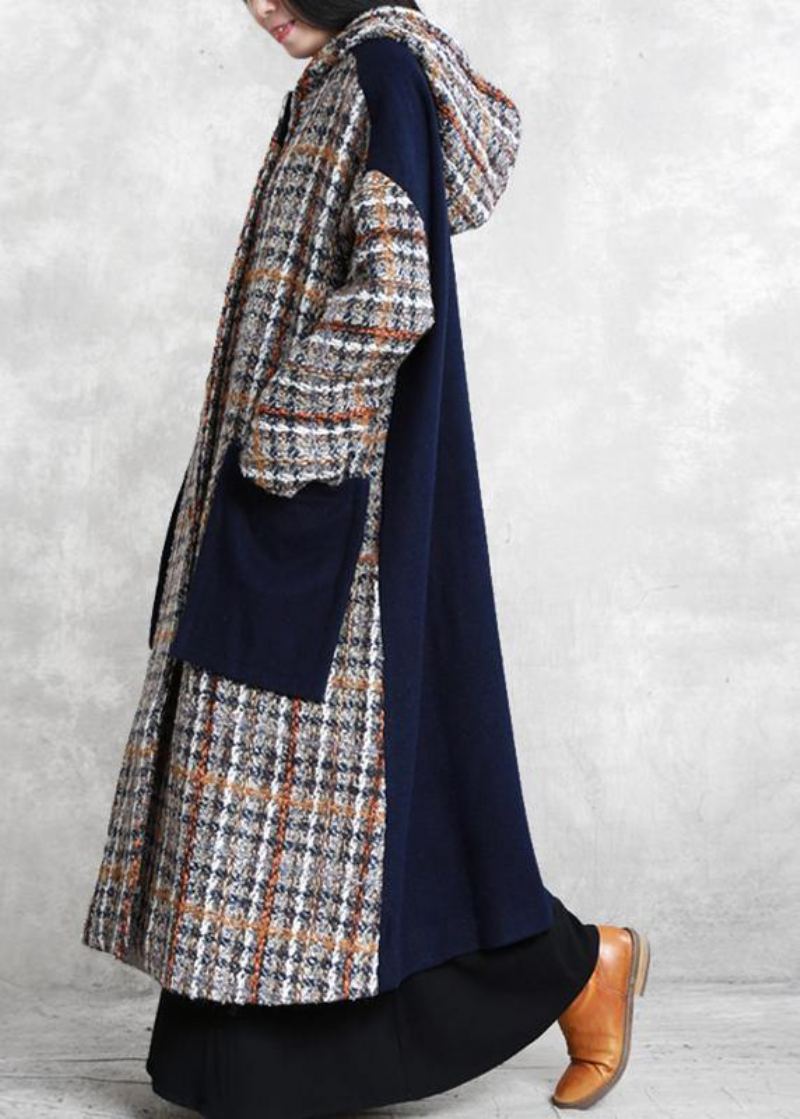 Manteau D'hiver Long Décontracté Boutique Pardessus En Laine À Capuche Patchwork À Carreaux Bleus - Trenchs femmes