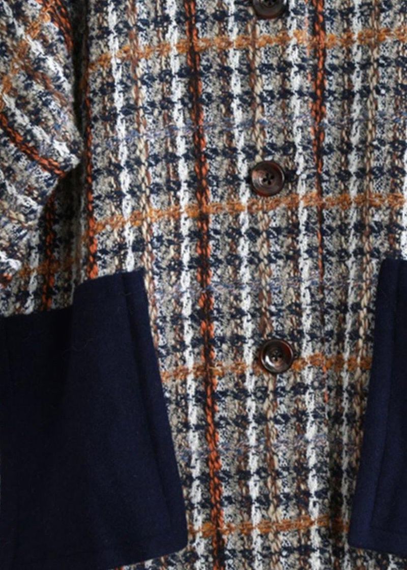 Manteau D'hiver Long Décontracté Boutique Pardessus En Laine À Capuche Patchwork À Carreaux Bleus - Trenchs femmes