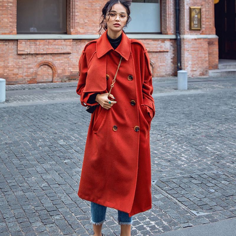 Manteau D'hiver Rouge De Luxe Tunique Crantée Grande Taille Poches Fines Manteaux À Nouer À La