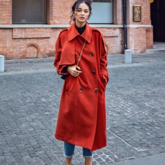 Manteau D'hiver Rouge De Luxe Tunique Crantée Grande Taille Poches Fines Manteaux À Nouer À La