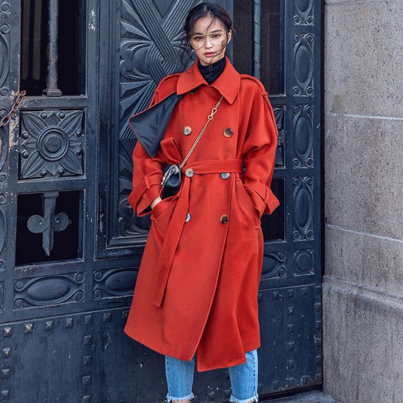 Manteau D'hiver Rouge De Luxe Tunique Crantée Grande Taille Poches Fines Manteaux À Nouer À La - Trenchs femmes