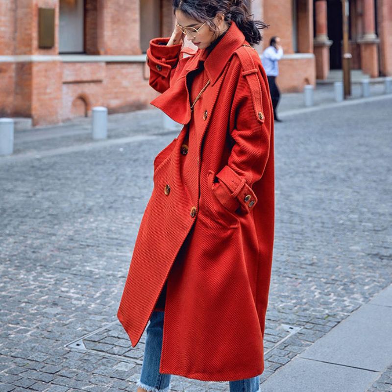 Manteau D'hiver Rouge De Luxe Tunique Crantée Grande Taille Poches Fines Manteaux À Nouer À La - Trenchs femmes