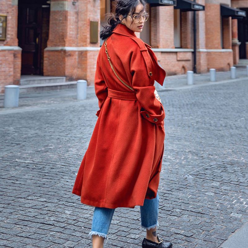 Manteau D'hiver Rouge De Luxe Tunique Crantée Grande Taille Poches Fines Manteaux À Nouer À La - Trenchs femmes