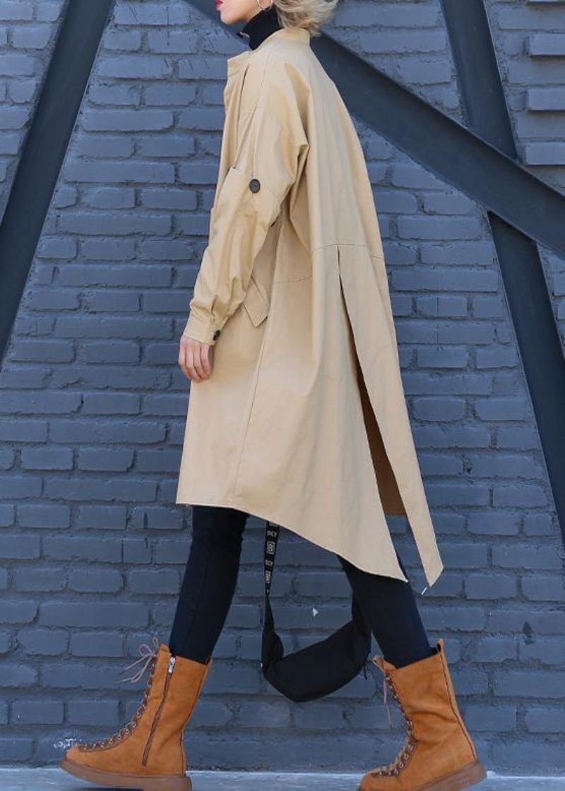 Manteau Kaki Élégant Femme Grande Taille Asymétrique À Col Montant De Longueur Moyenne - Kaki