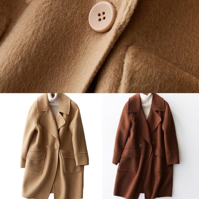 Manteau En Laine Beige Vintage Pour Femmes Grande Taille Vestes De Longueur Moyenne Grandes Poches Vêtements D'extérieur En Col À Revers - Trenchs femmes