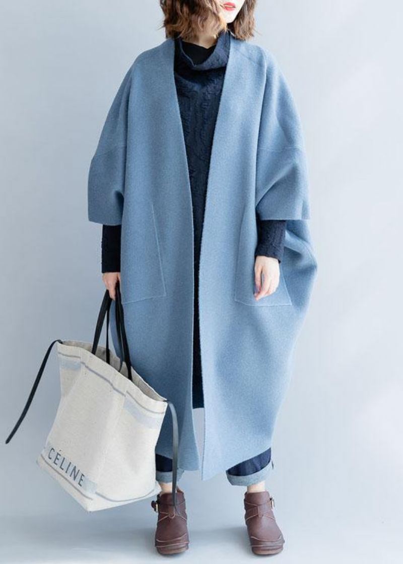 Manteau En Laine Bleu Pour Femme Long D'hiver Ample Vestes D'automne Manches Chauve-souris