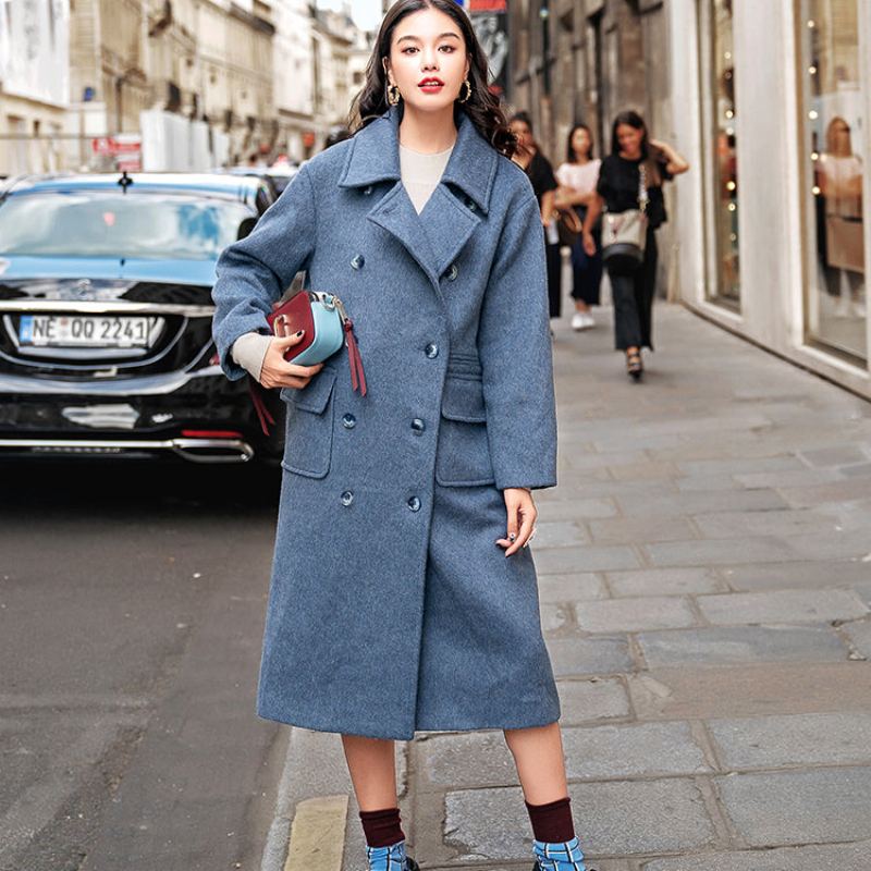 Manteau En Laine Bleu Gris Élégant Grande Taille Poches Crantées À La Mode En À Double Boutonnage