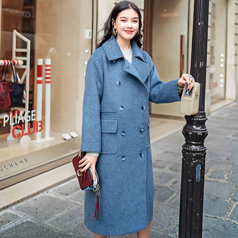 Manteau En Laine Bleu Gris Élégant Grande Taille Poches Crantées À La Mode En À Double Boutonnage - Trenchs femmes