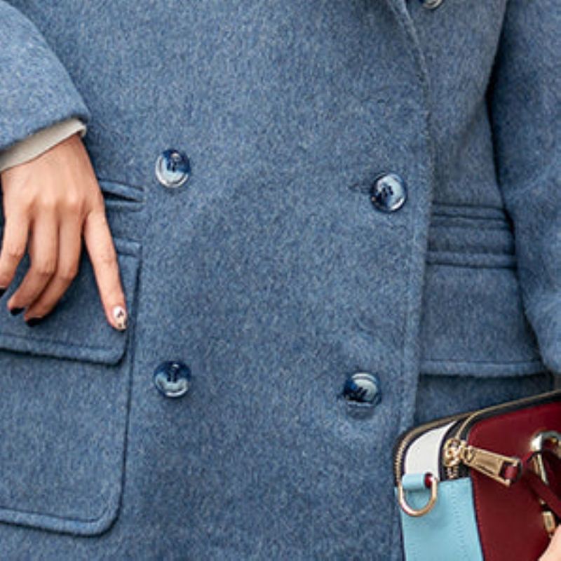 Manteau En Laine Bleu Gris Élégant Grande Taille Poches Crantées À La Mode En À Double Boutonnage - Trenchs femmes