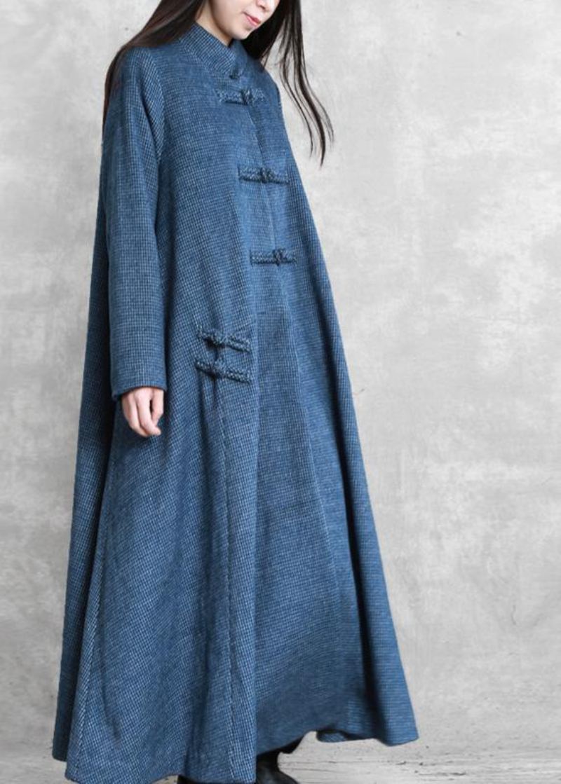 Manteau En Laine Bleue Fine Col Montant Ample Boutons Chinois Manteaux Longs - Trenchs femmes