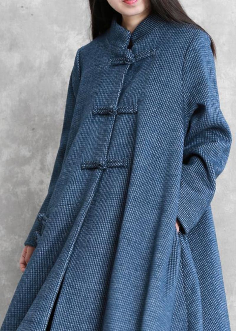 Manteau En Laine Bleue Fine Col Montant Ample Boutons Chinois Manteaux Longs - Trenchs femmes