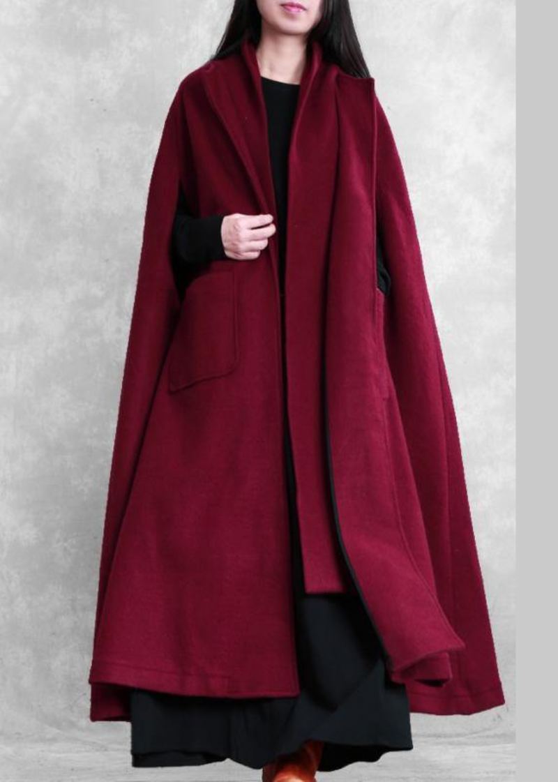 Manteau En Laine Bordeaux Fin Pour Femme D'hiver Surdimensionné Manches Chauve-souris Grand Ourlet