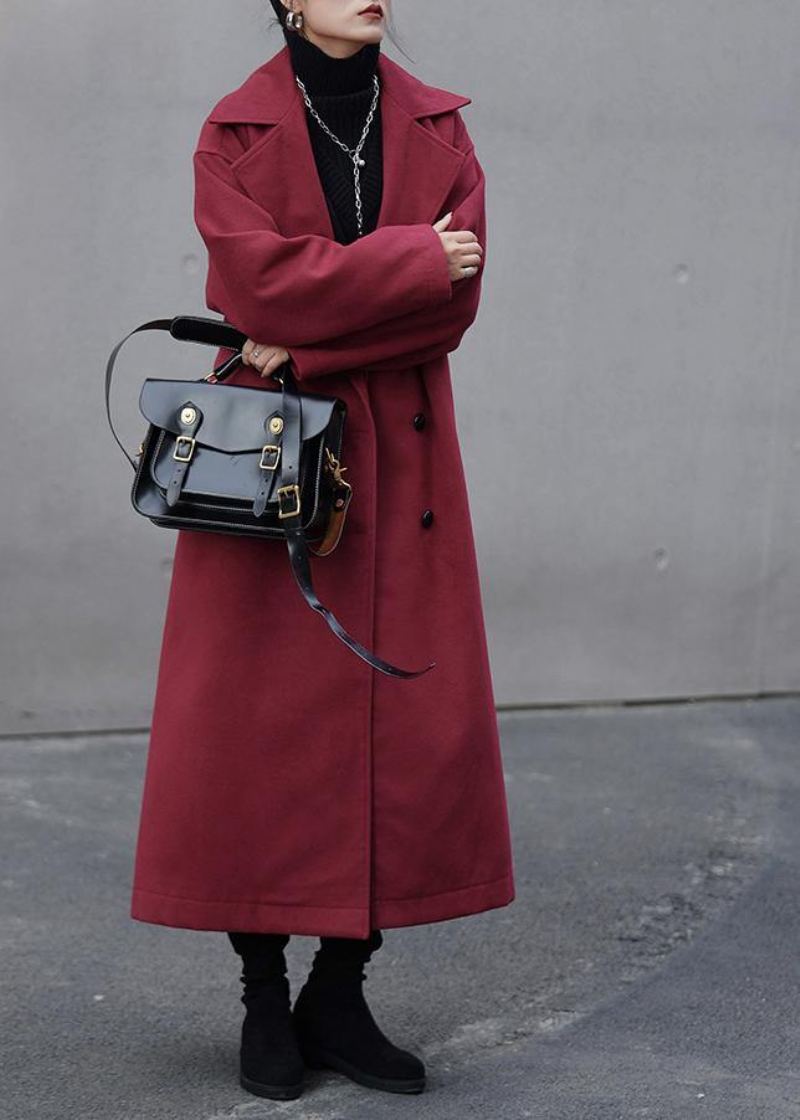 Manteau En Laine Bordeaux À La Mode Coupe Ample Double Poitrine Crantée Vêtements D'extérieur - Bordeaux