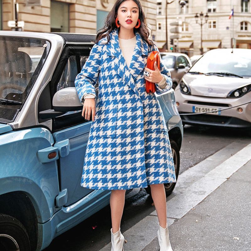 Manteau En Laine À Carreaux Bleu Blanc Pour Femmes Long Cranté Décontracté Poches De Boutique Manteaux Longs