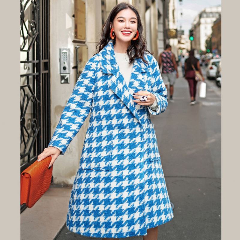 Manteau En Laine À Carreaux Bleu Blanc Pour Femmes Long Cranté Décontracté Poches De Boutique Manteaux Longs - Trenchs femmes