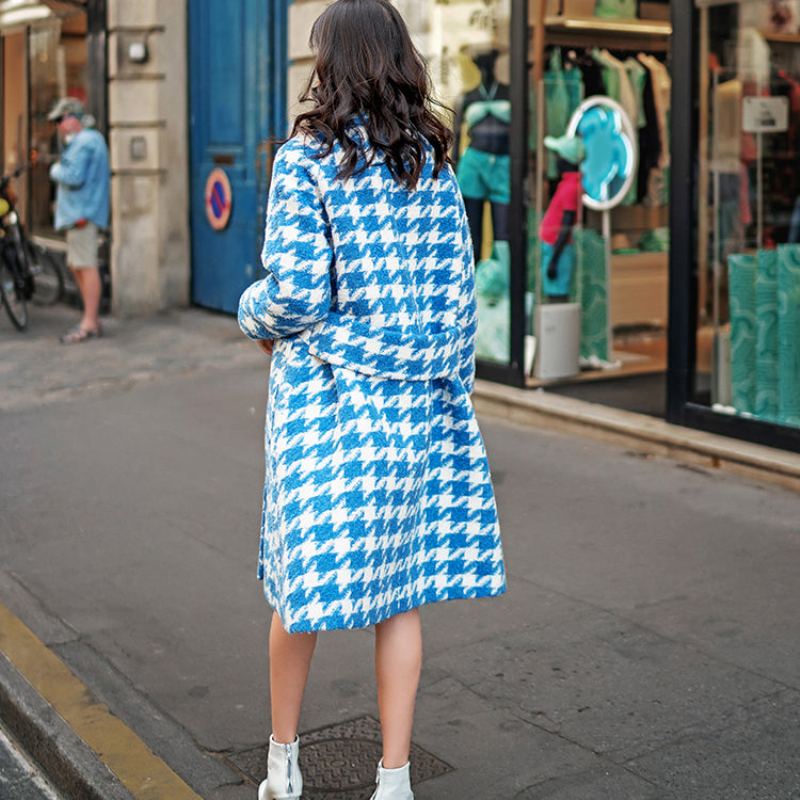 Manteau En Laine À Carreaux Bleu Blanc Pour Femmes Long Cranté Décontracté Poches De Boutique Manteaux Longs - Trenchs femmes