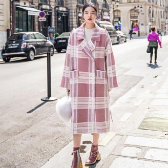 Manteau En Laine À Carreaux Décontracté Cravate Crantée À La Taille Maxi À Poches À La Mode