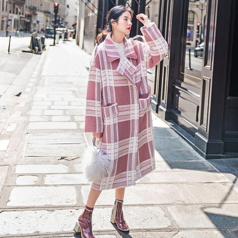 Manteau En Laine À Carreaux Décontracté Cravate Crantée À La Taille Maxi À Poches À La Mode - Trenchs femmes