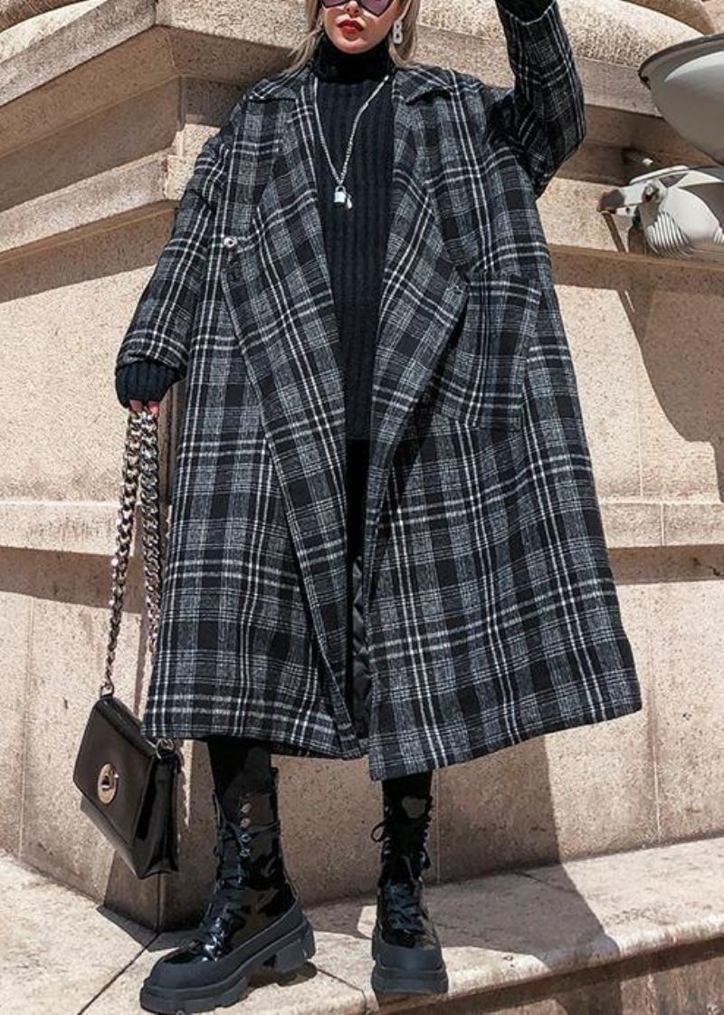 Manteau En Laine À Carreaux Gris Élégant Pour Femmes Grande Taille Poches Crantées Manteaux Longs - Trenchs femmes