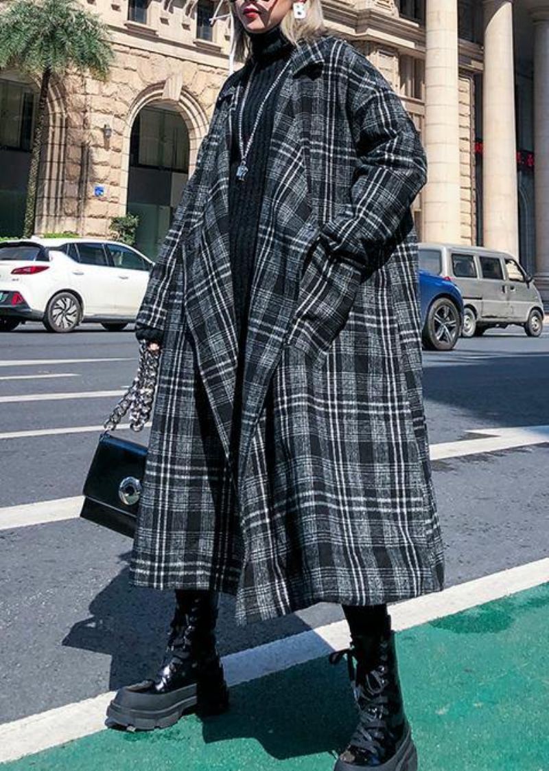 Manteau En Laine À Carreaux Gris Élégant Pour Femmes Grande Taille Poches Crantées Manteaux Longs - Trenchs femmes