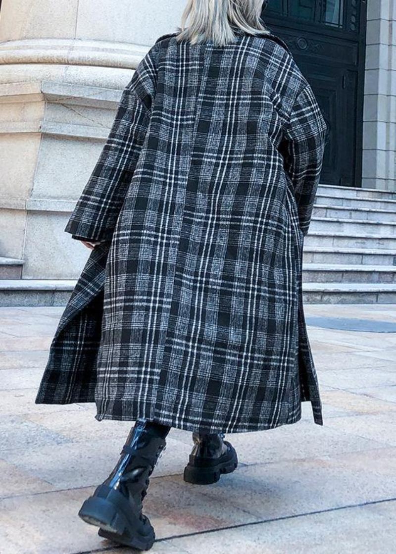 Manteau En Laine À Carreaux Gris Élégant Pour Femmes Grande Taille Poches Crantées Manteaux Longs - Trenchs femmes