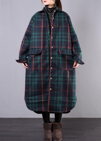 Manteau En Laine À Carreaux Vert Pour Femme Vêtements Grande Taille D'hiver Avec Poches À Revers