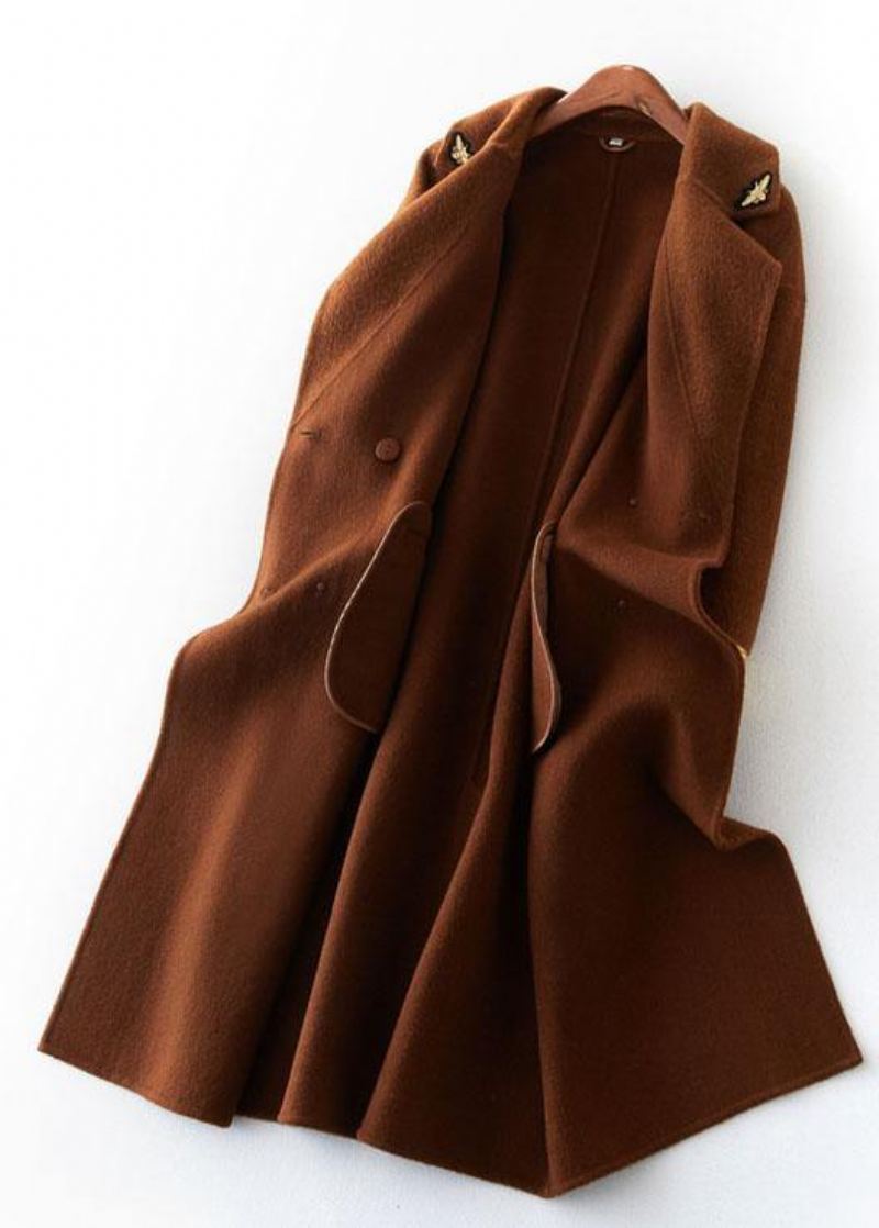 Manteau En Laine Chocolat À La Mode Grande Taille Long Cranté Manteaux Ouverts Sur Le Dos - Trenchs femmes