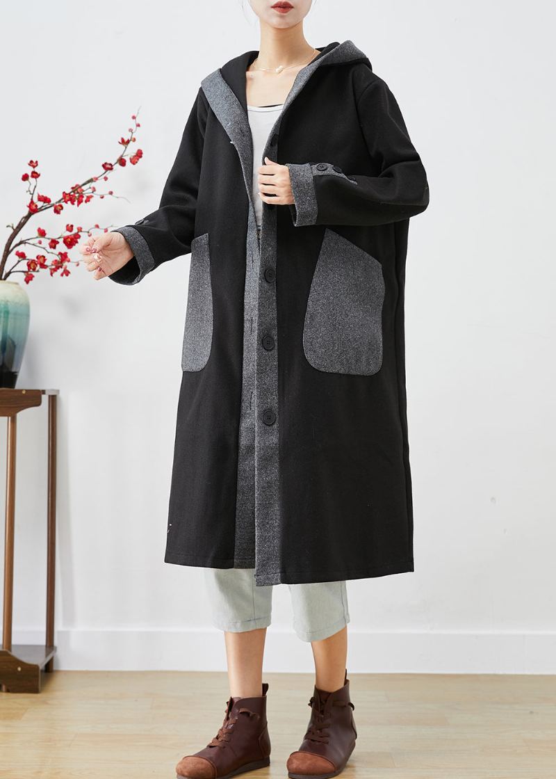 Manteau En Laine Français Noir À Capuche Poches Patchwork Vêtements D'extérieur Automne - Trenchs femmes