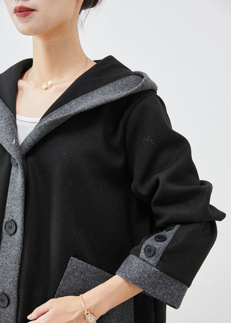 Manteau En Laine Français Noir À Capuche Poches Patchwork Vêtements D'extérieur Automne - Trenchs femmes