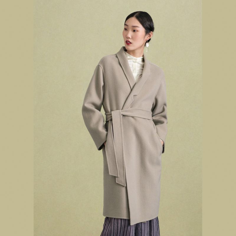 Manteau En Laine Gris Clair Élégant Col Montant Décontracté D'hiver Cravate À La Taille Manteaux Pour Femmes - Marron