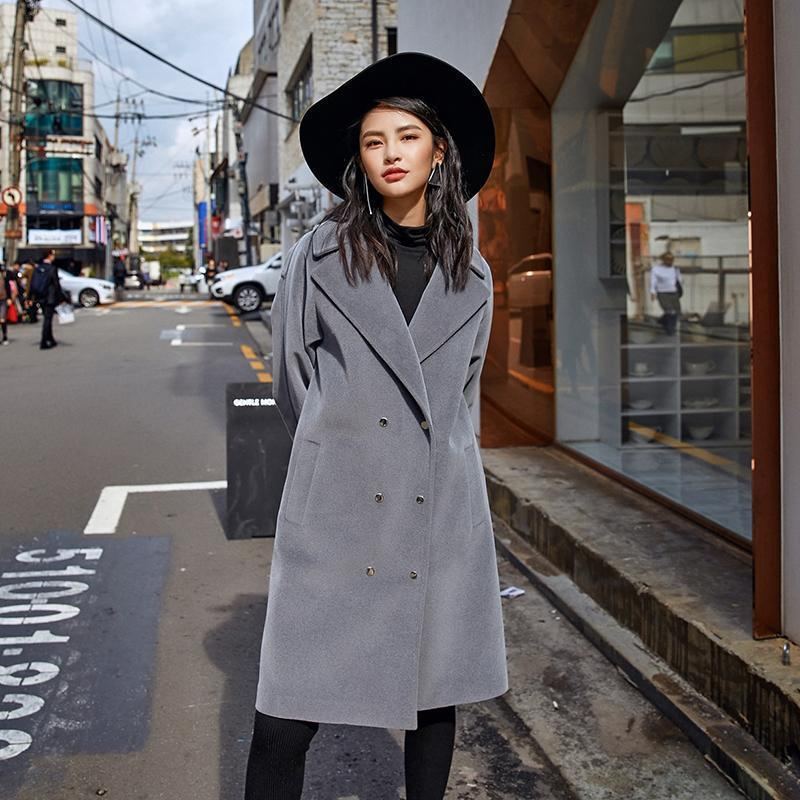 Manteau En Laine Gris Fin Grande Taille Vêtements D'extérieur Crantés Boutique Poches Croisées Manteaux Longs - Trenchs femmes