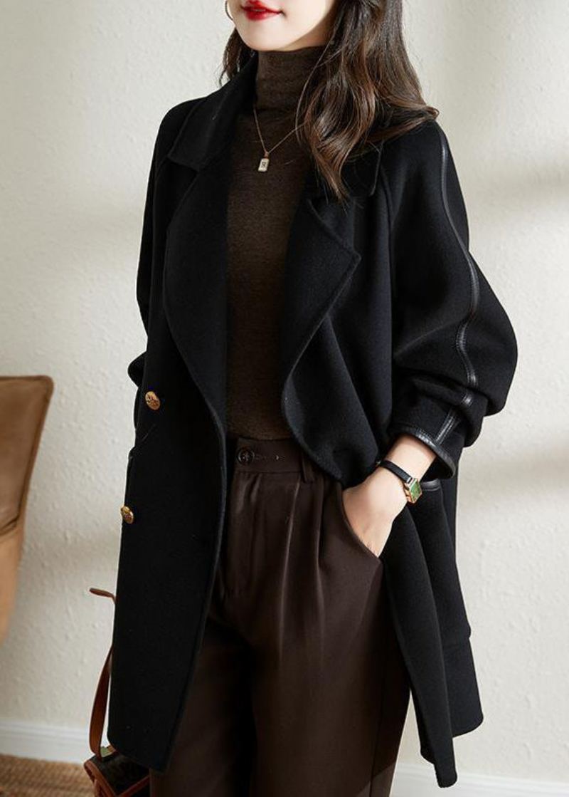 Manteau En Laine Noir À Double Boutonnage Pour Femme Vêtement D'extérieur Patchwork Automne