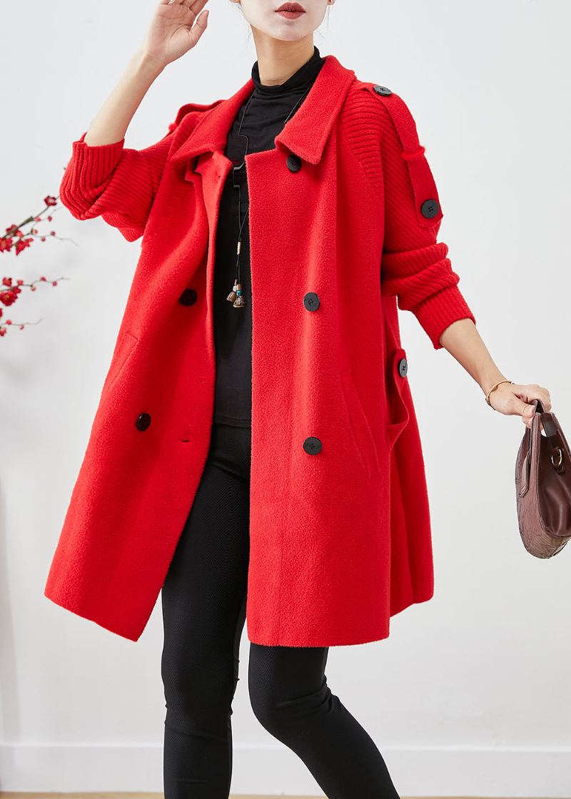 Manteau En Laine Patchwork Tricoté Surdimensionné Rouge Pour Femme Automne