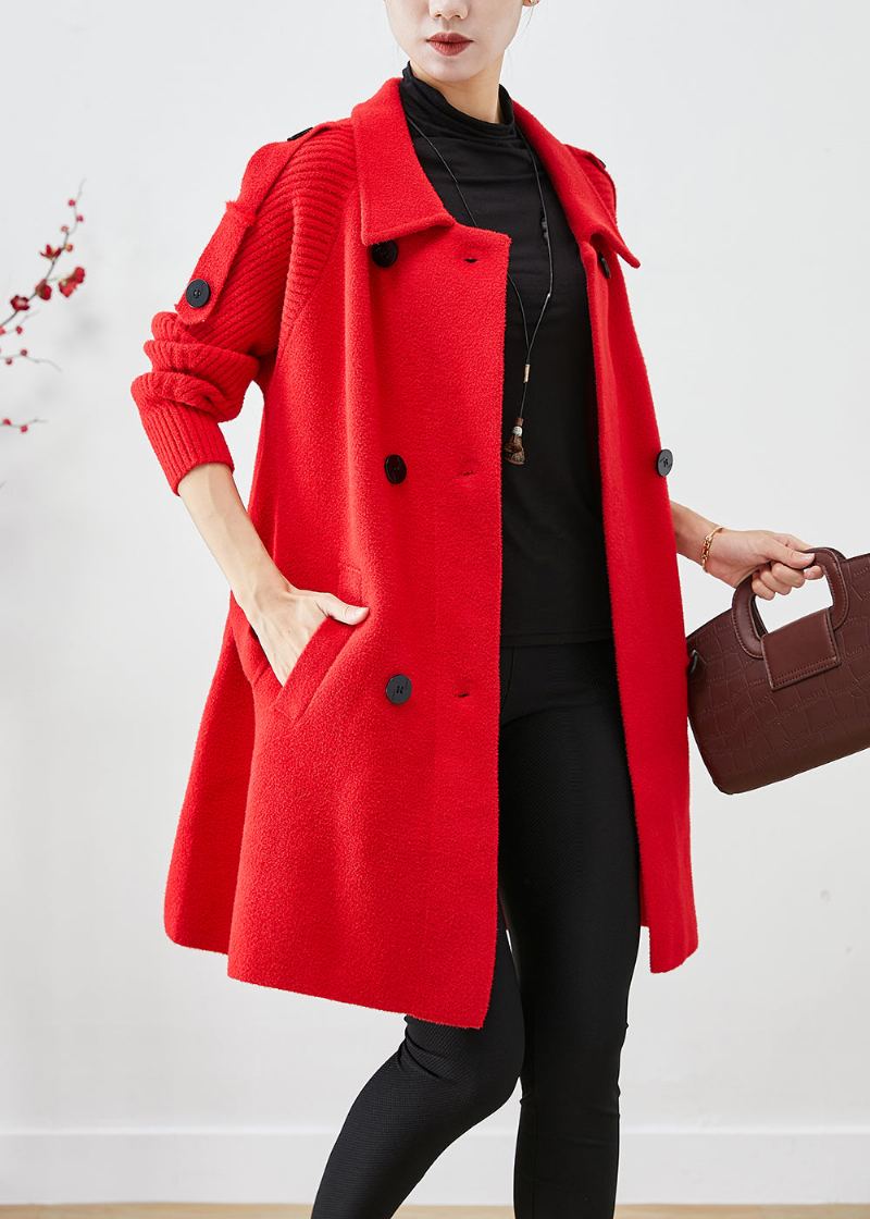 Manteau En Laine Patchwork Tricoté Surdimensionné Rouge Pour Femme Automne - Trenchs femmes