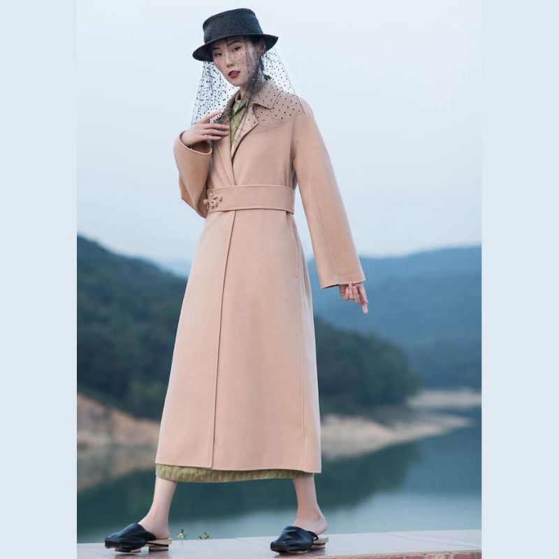 Manteau En Laine Rose Chair Grande Taille Cravate À La D'hiver Veste À Col À Revers - Trenchs femmes